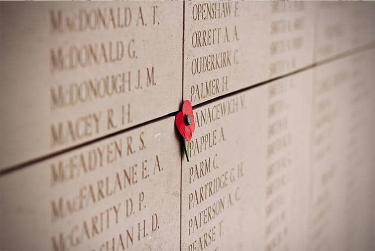 Names on the Menin Gate war memorial in Ypres