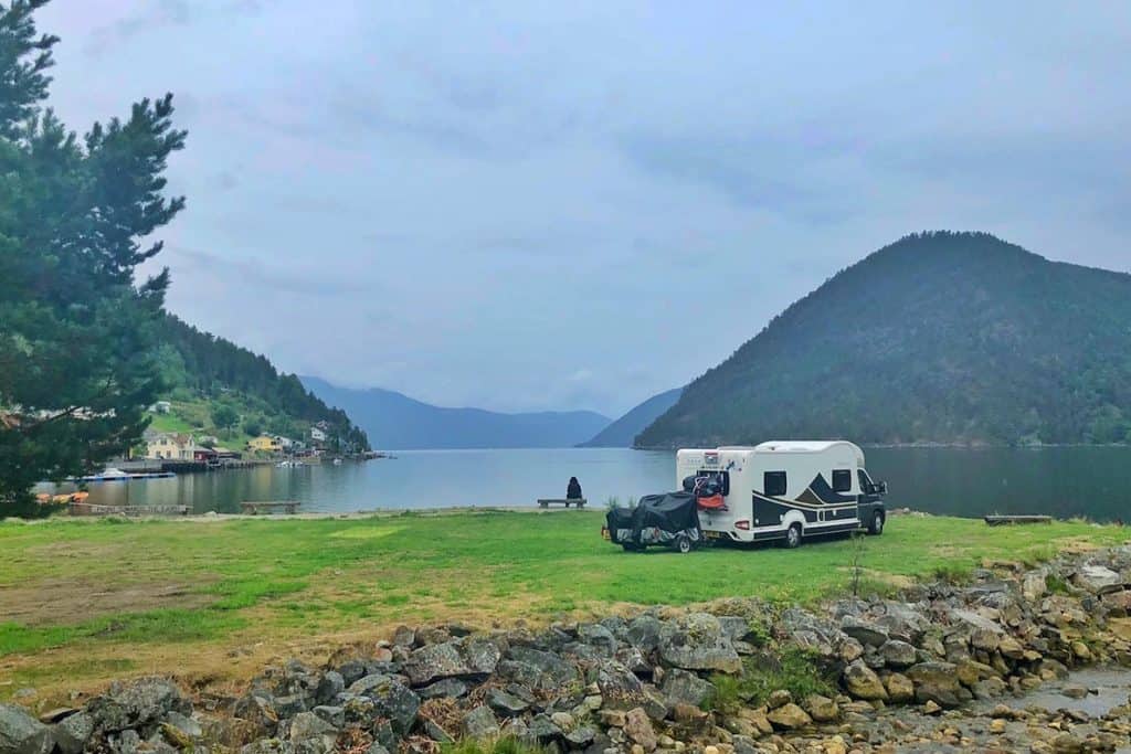 The view from our motorhome at a campsite near a Norwegian fjord.