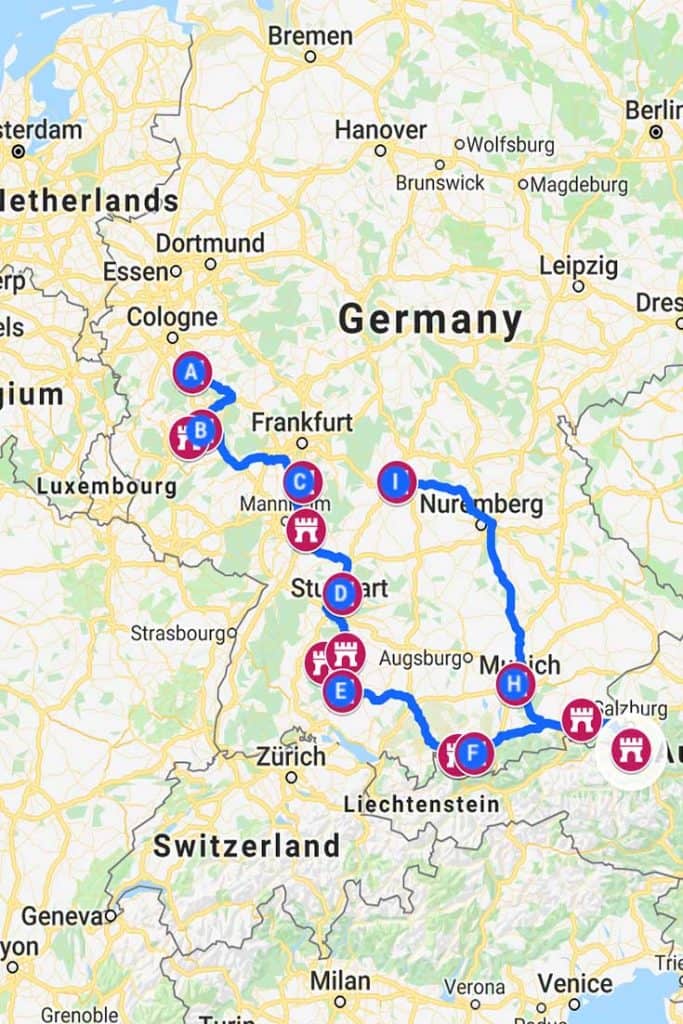 See 16 of the prettiest castles in Germany! Route map and itinerary planner. #roadtrip #castles #germany #europe #travel #itinerary #map #planner