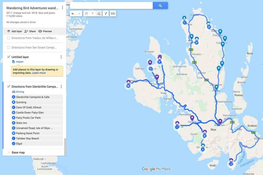 Driving route map for Isle of Skye- Day One and Day Two road trip itinerary