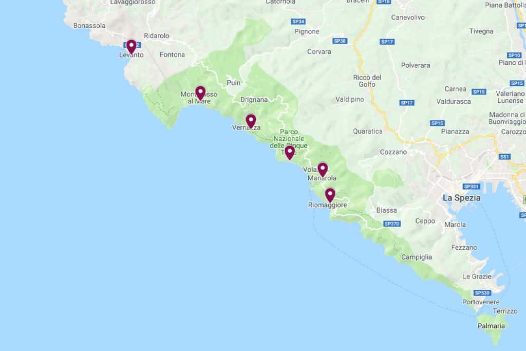 Map of the towns of Cinque Terre, italy. Here's our complete itinerary to visit them all in one day. #italy #map #cinqueterre