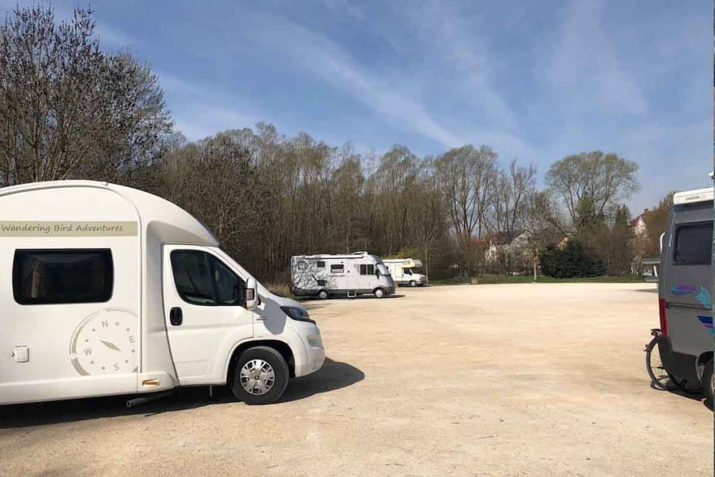French aires can either be big gravel unmarked parking areas, or tightly packed into bays. We prefer aires in France like this- easier to park with our trailer.