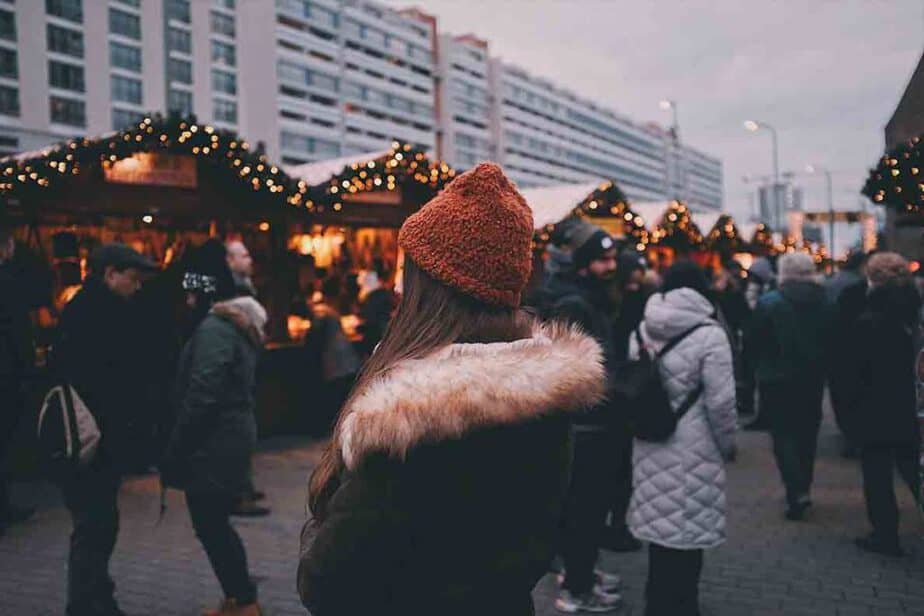 Shoppers at a Christmas market in Europe. 