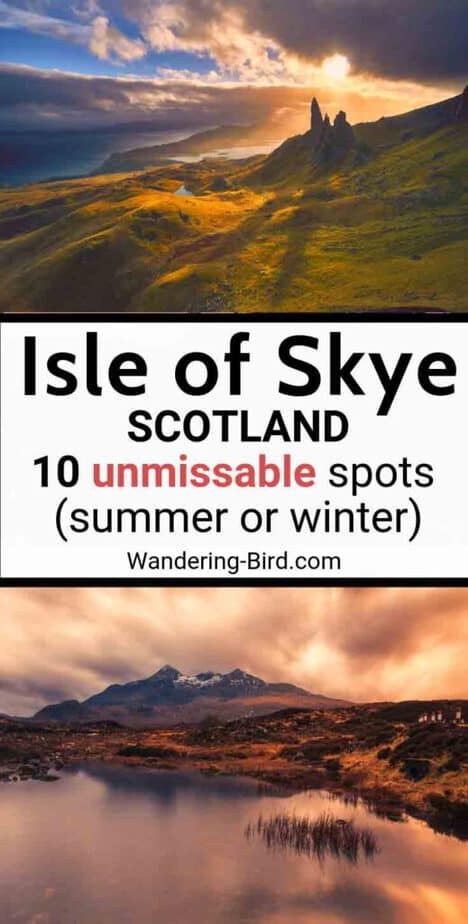 The Isle of Skye, Scotland (with an itinerary map!) Skye is a perfect place for road trips, hiking or photography in summer or Winter. Visit the Fairy Pools, castles, waterfalls and even a GOLD CAVE! Learn about the northern Lights on Skye, take pictures, enjoy beautiful beaches and landscapes- all in one, two or three days. #isleofskye #scotlandtravel #uktravel 