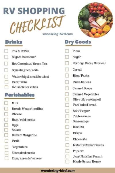What should I pack in my RV? Grocery essentials checklist for the RV Kitchen- Packing a camper lists. 7 essential RV checklists to download and print at home.