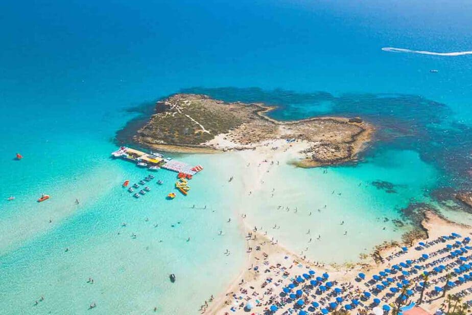 An aerial view of the beautiful beaches of Cyprus. 