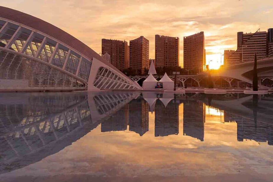 The sun setting on the Ciudad de las Artes and las Ciencias in Valencia, Spain. 