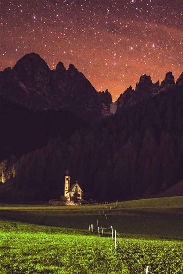 San Giovanni Church Dolomites at night