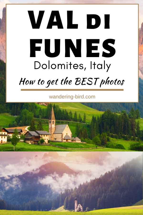 Heading to Val di Funes in the Dolomites? Want to get the best photos of Santa Maddalena Church or St Johanns Church in the valley? Here's the best time of year, best location and best time of day to take photos in Val di Funes | Val di Funes | Dolomites | Val di Funes Italy | Dolomites itinerary | Dolomites travel | Val di Funes autumn | Val di Funes winter 