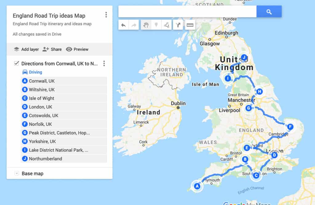 England road trip itinerary ideas and map