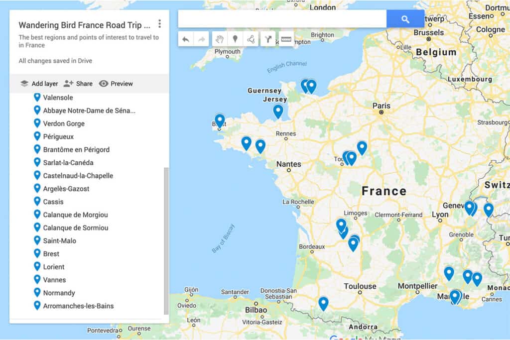 Map France road trip ideas and points of interest