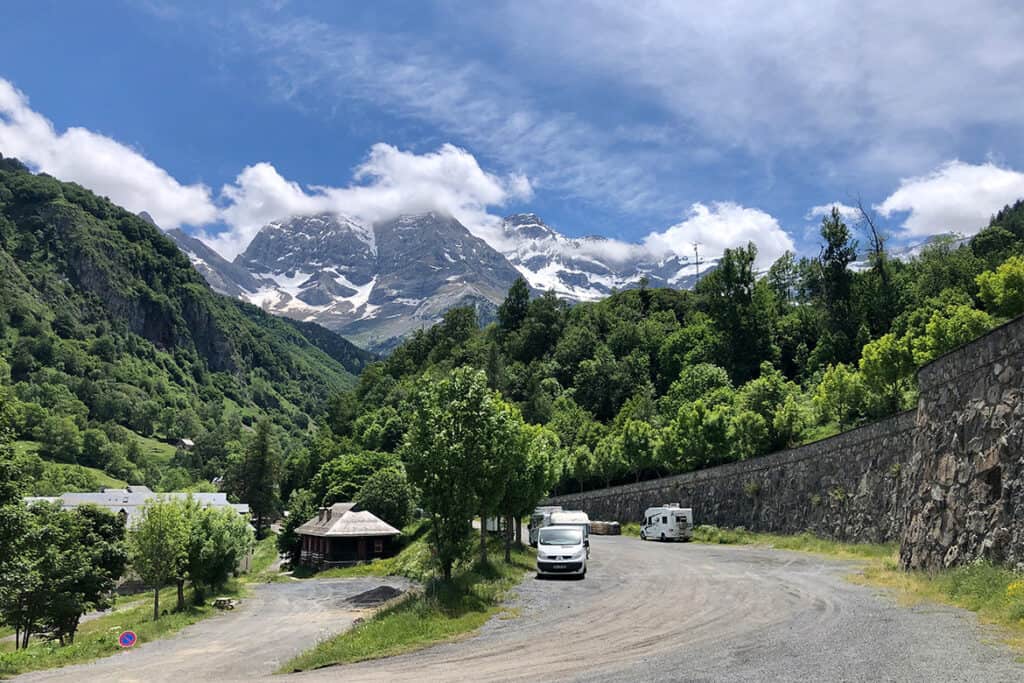 Motorhome Camping Car Aire at Cirque de Gavarnie- complete guide to visiting. Pyrenees road trip and things to do at the Cirque de Gavarnie. With map
