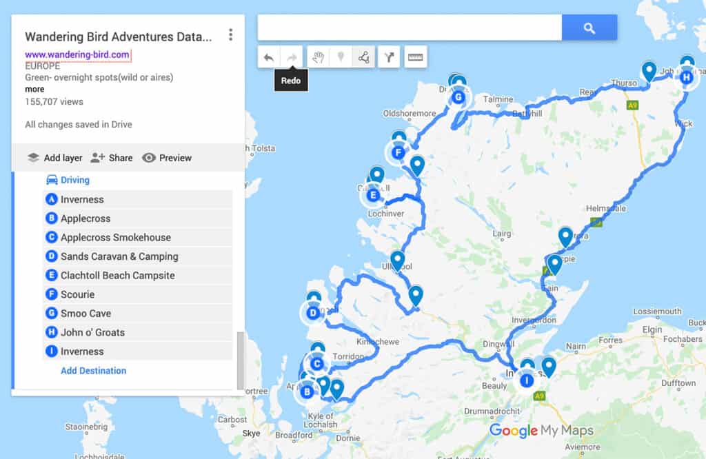 Route Map for the NC500 with some of the best motorhome campsites on it